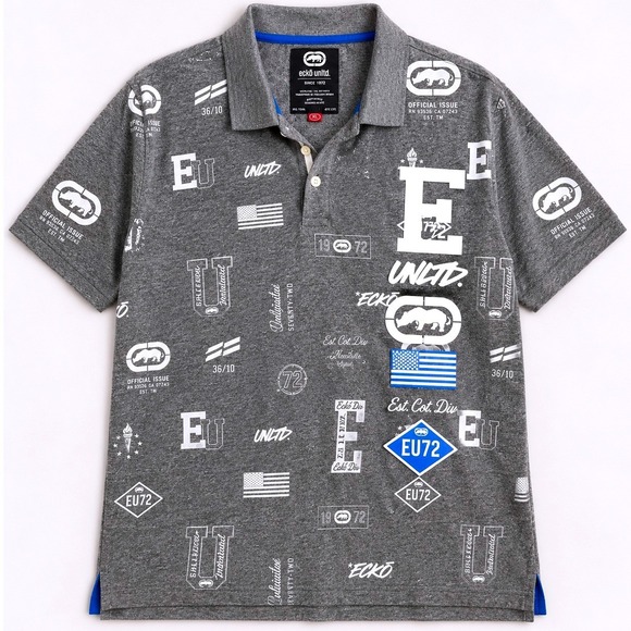 Ecko Unlimited Other - Ecko Unltd Men's XL Gray All Over Graphic Logo Polo Shirt Y2K Streetwear